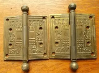 Two Antique Fancy Victorian Eastlake Brass - Plated Cast Iron Door Hinges 4 " X 4 "