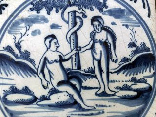 A DELFTWARE ADAM AND EVE TILE,  Circa 1700 - 1720 2