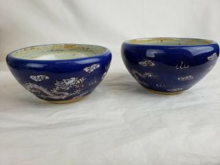 Two Outstanding Antqiue Japanese Glazed Pottery Blue Bowls,  Dragon