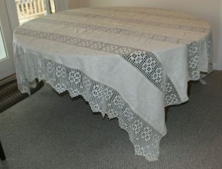 Gorgeous Ecru Linen Embroidered Crocheted Bed Coverlet Or Tablecloth 96 X 102