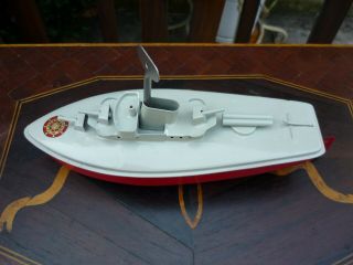 Sutcliffe Tinplate Clockwork Gunboat Fury 1979 England Wind - Up Warship Tin Toy