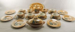 25 Piece Childs Porcelain Tea Set Vtg.  Japan Lusterware Snow Scene Christmas