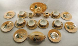 25 Piece Childs Porcelain Tea Set Vtg.  Japan Lusterware Snow Scene Christmas 2