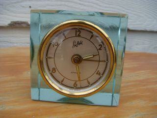 Vintage Sheffield Art Deco Wind - Up Alarm Clock Teal Blue Glass