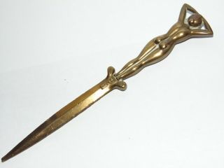 GREAT VINTAGE BRASS RISQUE NUDE NAKED LADY LETTER OPENER Marked M.  B 3