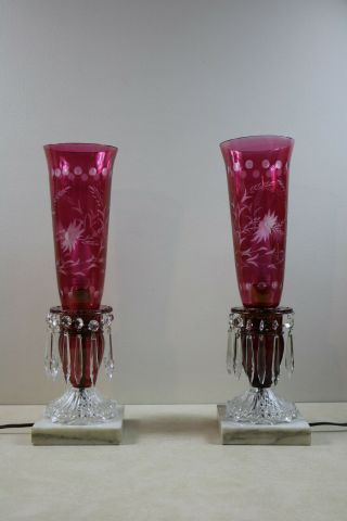 Antique Pair Glass & Crystal Mantle Boudoir Lamps Cranberry Etched Shades Prisms