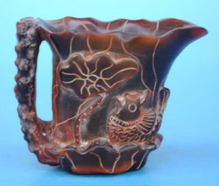 Old Chinese Hand - Carved Fish Lotus Leaf Horn Carving Cup/vr D02