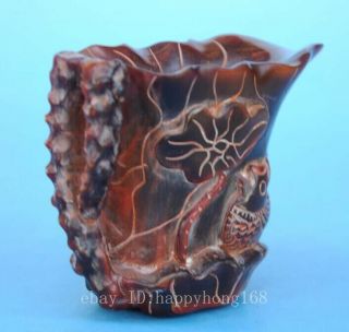 Old Chinese hand - carved fish lotus leaf horn carving cup/VR d02 2