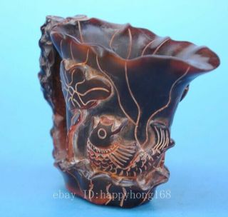 Old Chinese hand - carved fish lotus leaf horn carving cup/VR d02 3