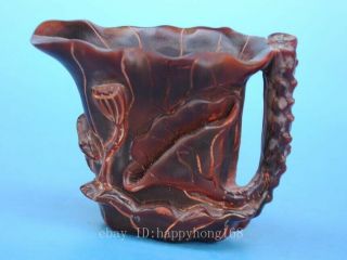 Old Chinese hand - carved fish lotus leaf horn carving cup/VR d02 4