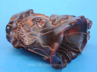 Old Chinese hand - carved fish lotus leaf horn carving cup/VR d02 5