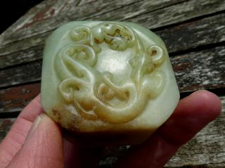 FINE ANTIQUE CHINESE CARVED JADE NEPHRITE HARDSTONE TWO CHILONGS SEAL CHOP QING 2