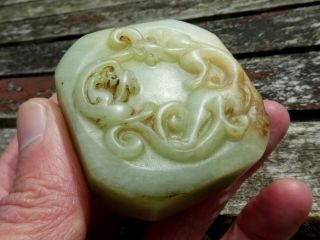 FINE ANTIQUE CHINESE CARVED JADE NEPHRITE HARDSTONE TWO CHILONGS SEAL CHOP QING 6