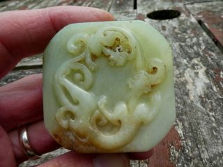 FINE ANTIQUE CHINESE CARVED JADE NEPHRITE HARDSTONE TWO CHILONGS SEAL CHOP QING 7