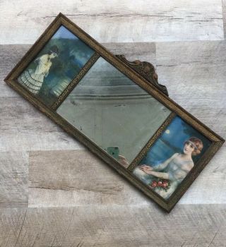 Antique Wall Mirror With Prints Ladies In Evening Gowns Blues Roses Floral Frame