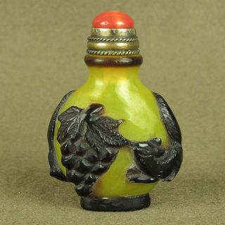 Chinese Carved Squirrel Grape Overlay Glass Snuff Bottle With Red Coral Top Lid