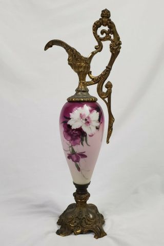 Floral White & Purple Antique Ewer Urn Vase Pitcher - Hand Painted Porcelain