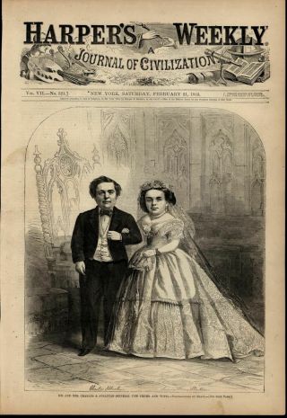 Tom Thumb & Wife Charles Stratton Portraits 1863 Civil War Wood Engraved Print