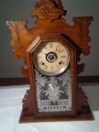 Antique Ansonia Clock Wood Wind Up Shelf Wall Mount Pendulum Key Roman Numeral 2