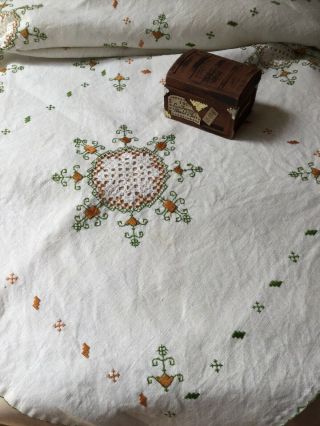 Vintage Antique Hand Embroidered Cutwork Hardanger Lace Linen Table Cloth 40 In