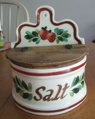 Primative/ Vintage Ceramic Salt Crock Salt Box Strawberry Design