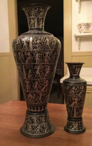 2 - Vintage Egyptian Revival Copper Bronze Metal Vases With Silver Overlay