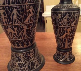 2 - Vintage Egyptian Revival Copper Bronze Metal Vases with Silver Overlay 5