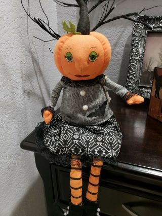 Halloween Primitive Vintage Style Pumpkin Head Doll Bat Shelf Sitter Decor