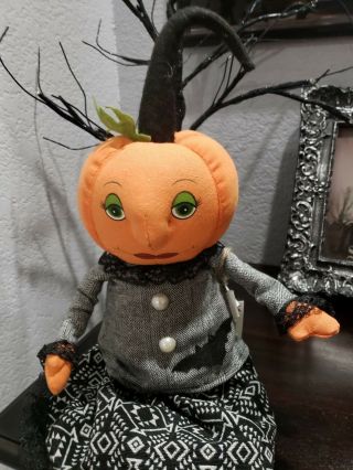 Halloween Primitive Vintage Style Pumpkin Head Doll Bat Shelf Sitter Decor 2