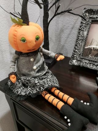 Halloween Primitive Vintage Style Pumpkin Head Doll Bat Shelf Sitter Decor 4