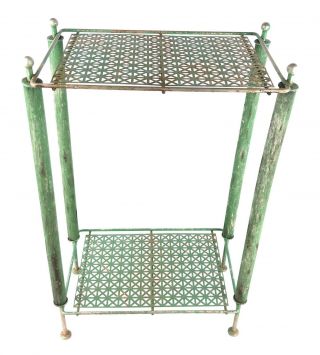 Mid Century Modern 2 Tier Punched Metal Mesh Stand Distressed Green 21 " Tall