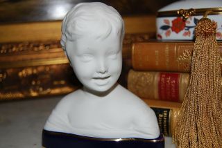 Magnificent Limoges Sevres White Bisque And Cobalt Blue Base Bust Boy Figurine