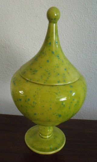 Funky Mid Century Modern Chartreuse & Turquoise Vintage Lidded Vase Ceramic