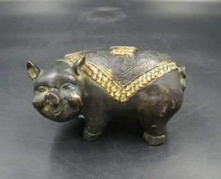 Collectible Handmade Carving Statue Pig Copper Bronze Gild Qianlong Mark
