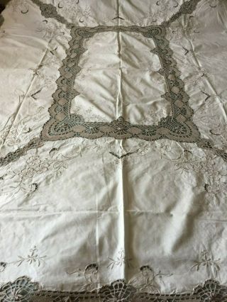 Vintage Handmade Tablecloth With Brussels Lace