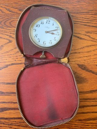 Eterna W.  C Vintage Swiss Made 8 Day Small Clock In A Brown Leather Case