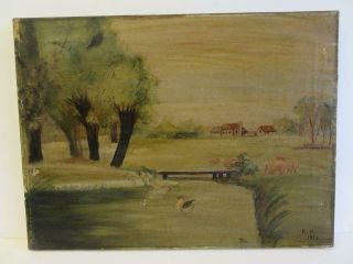 Really Old Painting Oil On Canvas Farm Signed 1917