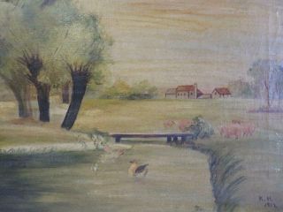 REALLY old PAINTING oil on canvas farm signed 1917 3