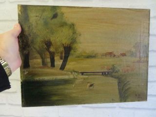 REALLY old PAINTING oil on canvas farm signed 1917 5