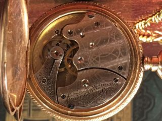 ANTIQUE 14K GOLD SHELL WALTHAM HUNTER CASE POCKET WATCH w/CHAIN Running c.  1897 5