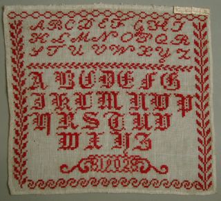1902 Antique Red Needlework Alphabet Sampler Cross Stitch Dutch Schoolgirl