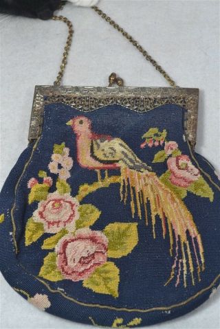 antique needle point petit bird flowers purse metal frame Victorian vg 2