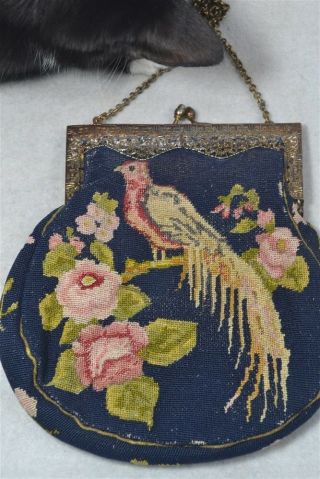 antique needle point petit bird flowers purse metal frame Victorian vg 3