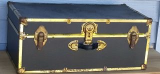 Vintage Antique Steamer Travel Trunk Suitcase,  Key,  Early - Mid 1900s,  Black/gold