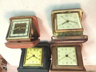 4 Vtg Travel Alarm Clocks Leather W.  German Usa & Repairs Luminous