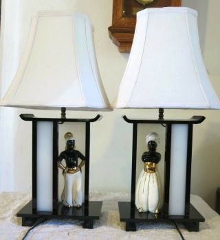 Vintage Pair 1950 - 60 Blackamoor Genie Porcelain & Plastic Lamp And Nightlight