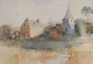 John Powley Watercolour Painting of View of Alfriston East Sussex 2
