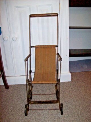 Edwardian Antique Child ' s Doll ' s,  Teddy ' s Pushchair - Metal /Canvas seat - Fold Up 2