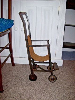 Edwardian Antique Child ' s Doll ' s,  Teddy ' s Pushchair - Metal /Canvas seat - Fold Up 3