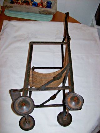 Edwardian Antique Child ' s Doll ' s,  Teddy ' s Pushchair - Metal /Canvas seat - Fold Up 4